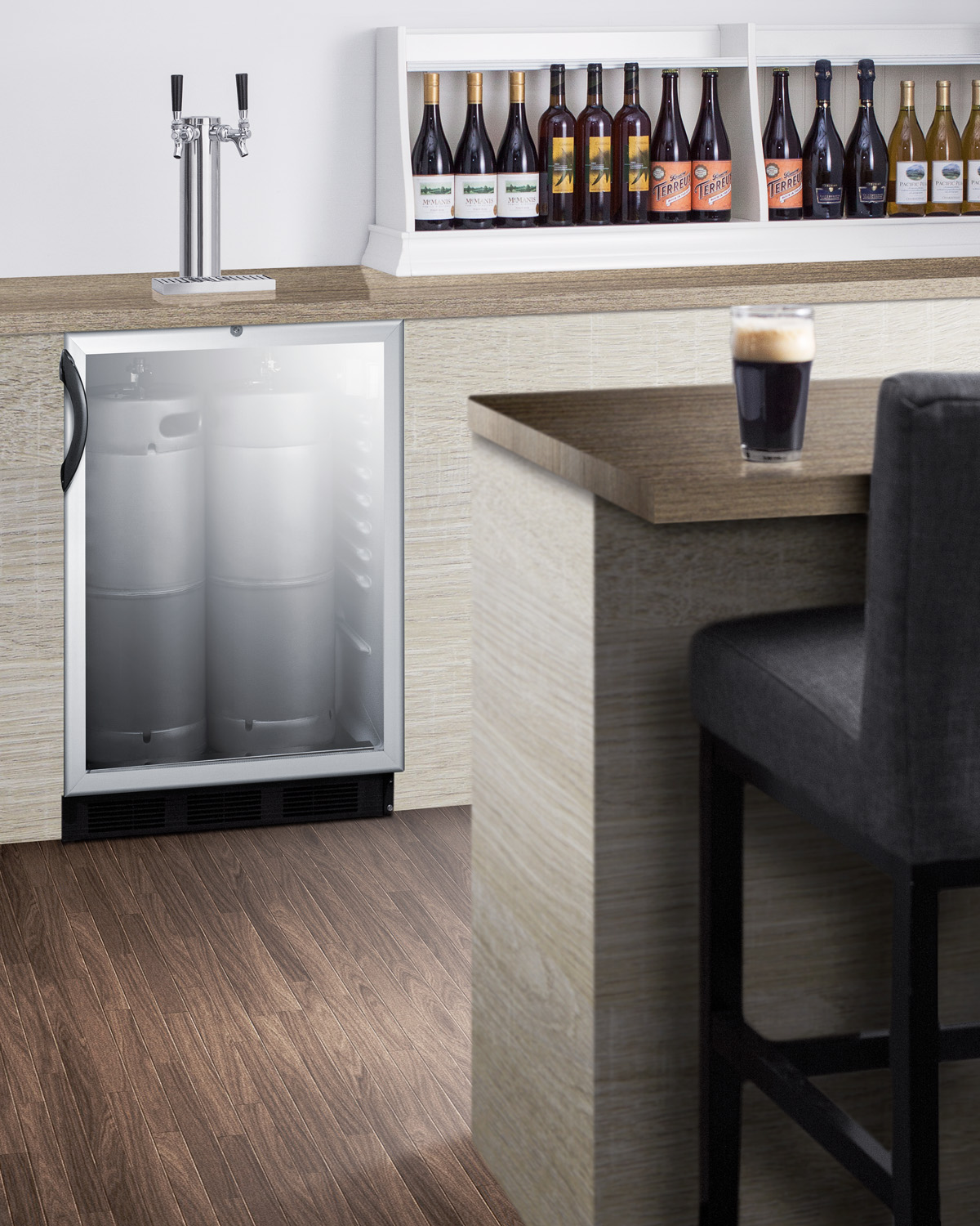 Built-in undercounter ADA height commercially listed dual tap beer dispenser with glass door, lock, and black cabinet